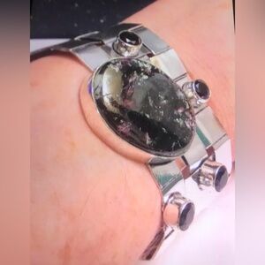 Eudialite Amethyst Stamped 925 Sterling Silver Cuff Bracelet